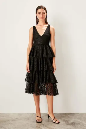 10897 Black Tiered Midi Lace Dress