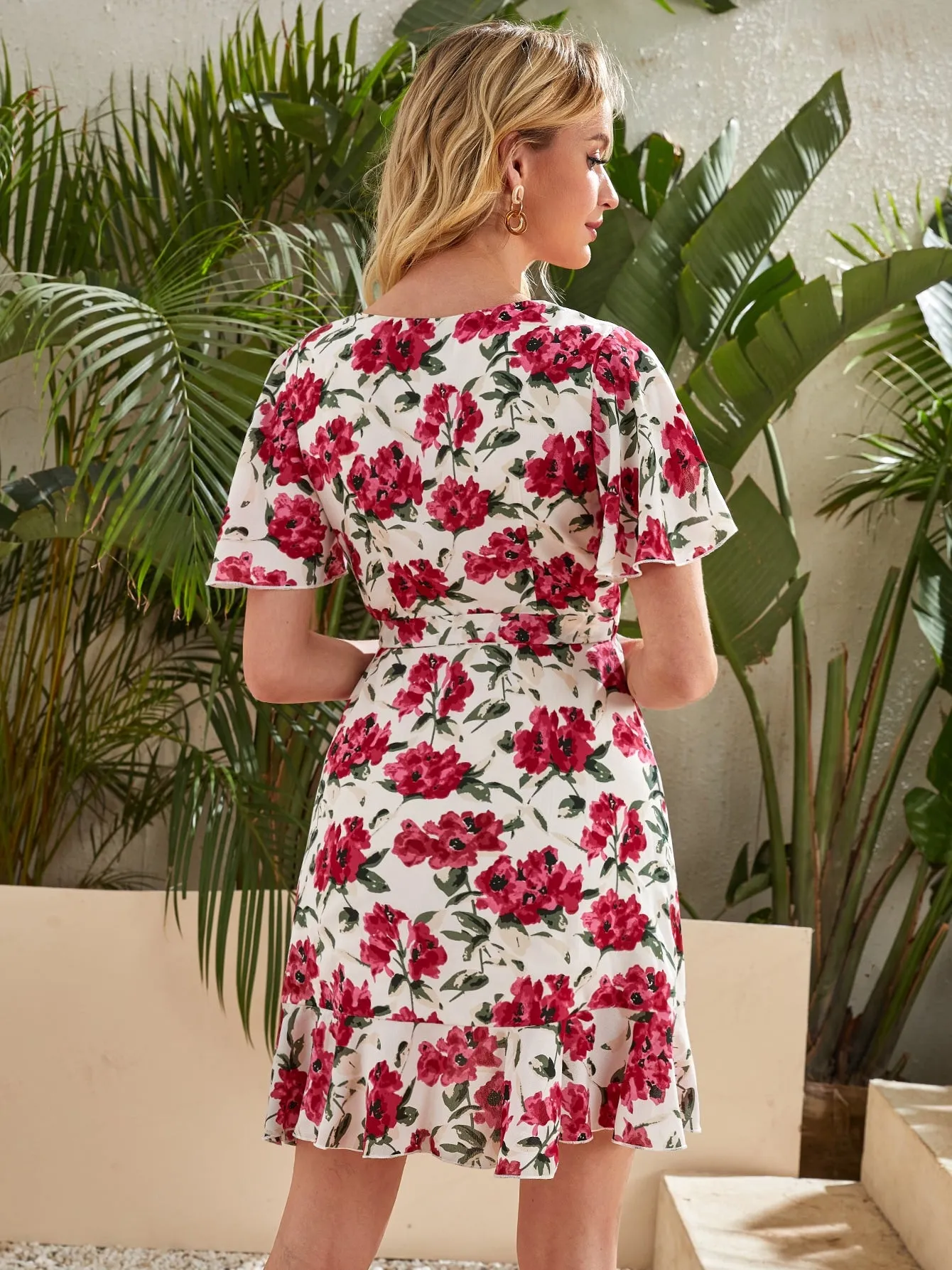 All Over Print Belted Short Sleeve V Neck Wrap High Waist Short Dress