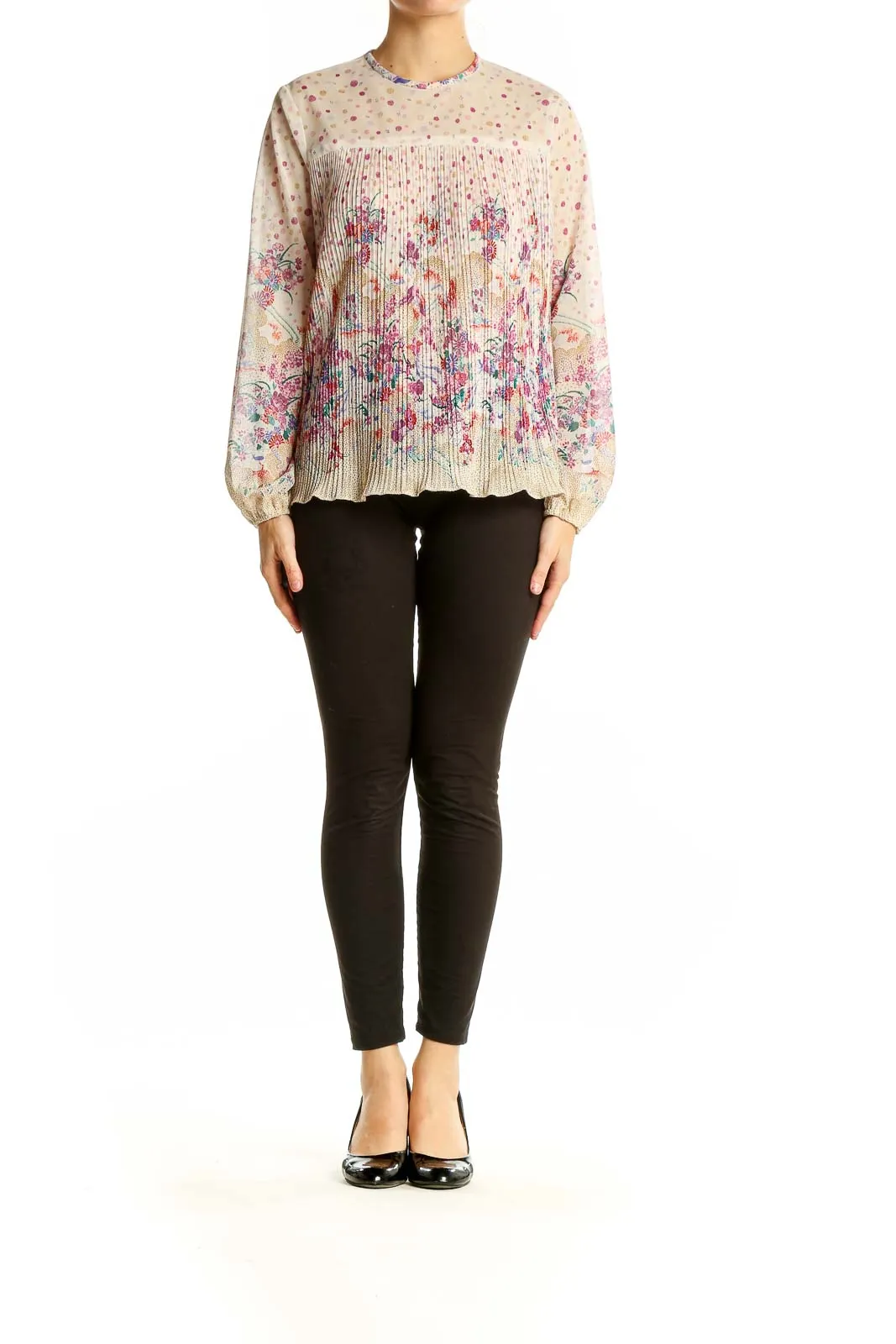 Beige Floral Pleated Long Sleeve Blouse