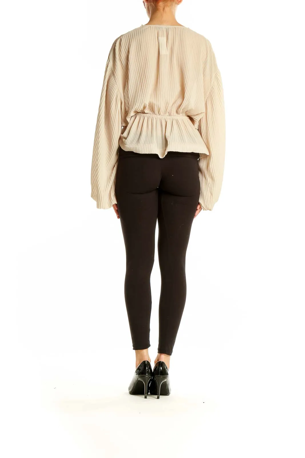 Beige Pleated Tie-Front Crop Top