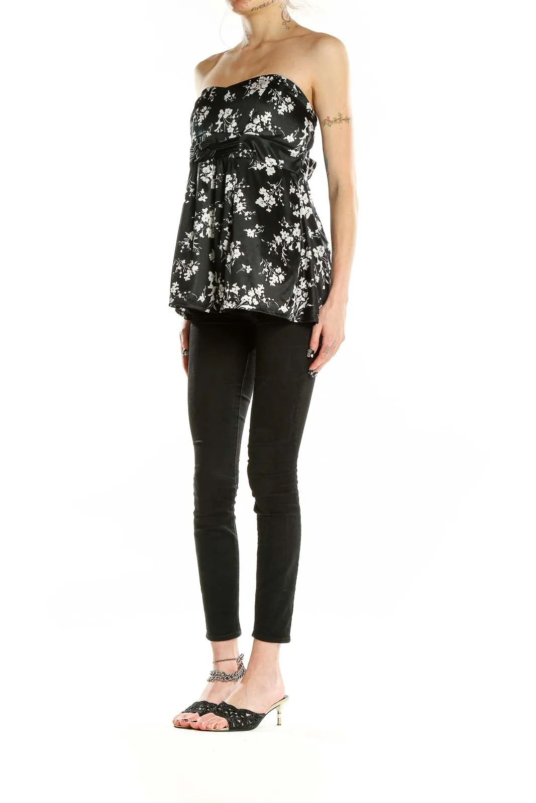 Black Floral Strapless Empire Waist Top