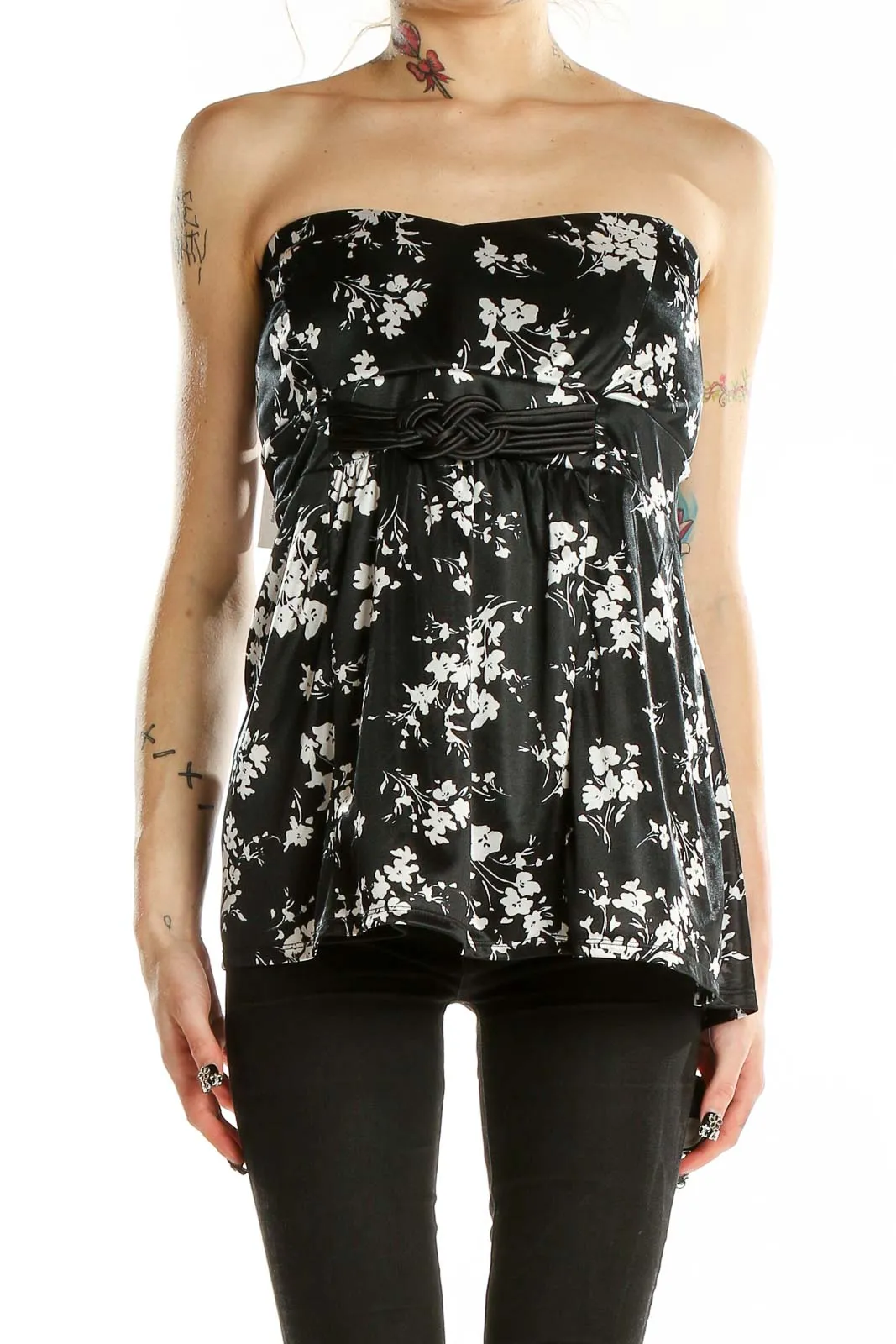 Black Floral Strapless Empire Waist Top