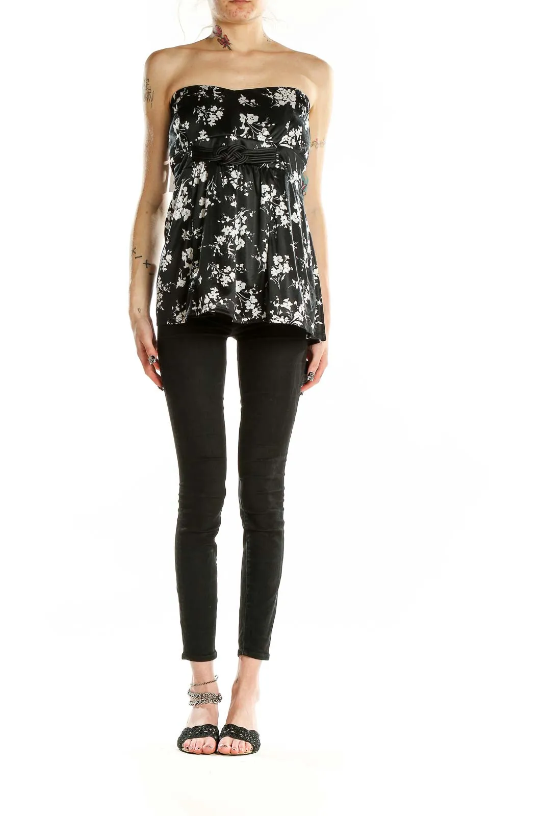 Black Floral Strapless Empire Waist Top