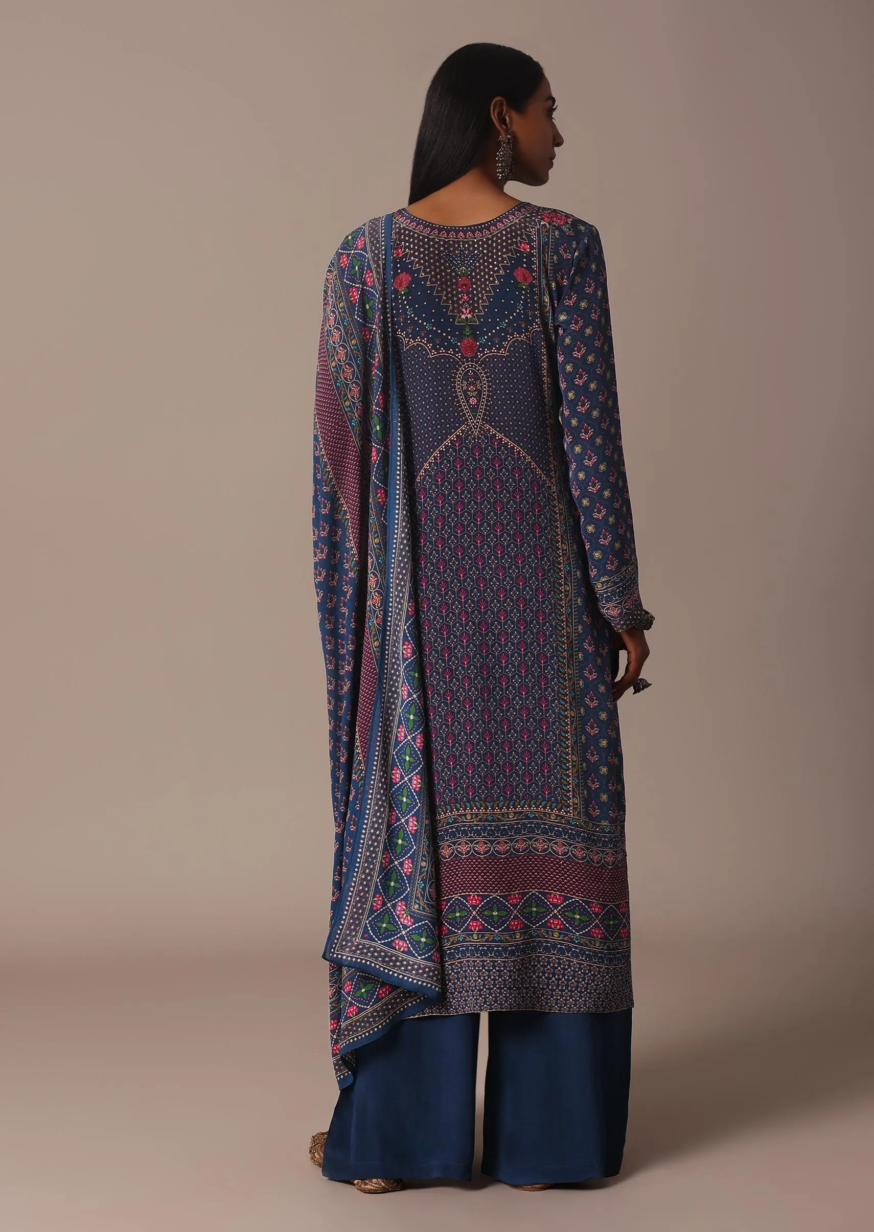 Blue Printed Palazzo Set With Stone Embellished Kurta