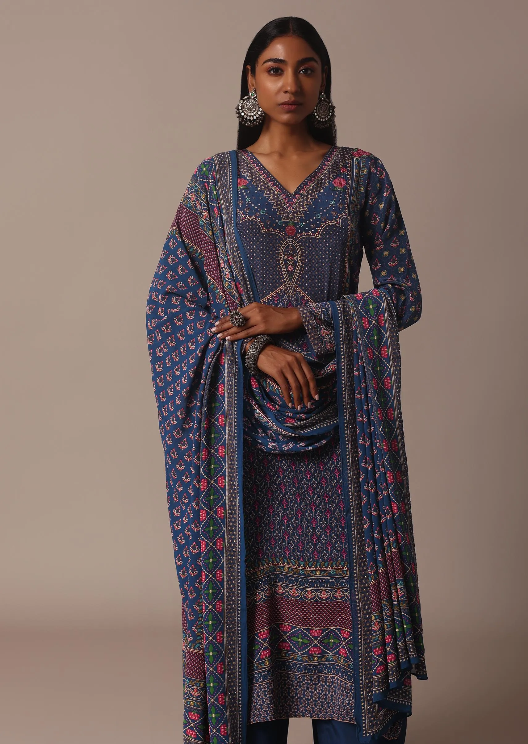 Blue Printed Palazzo Set With Stone Embellished Kurta