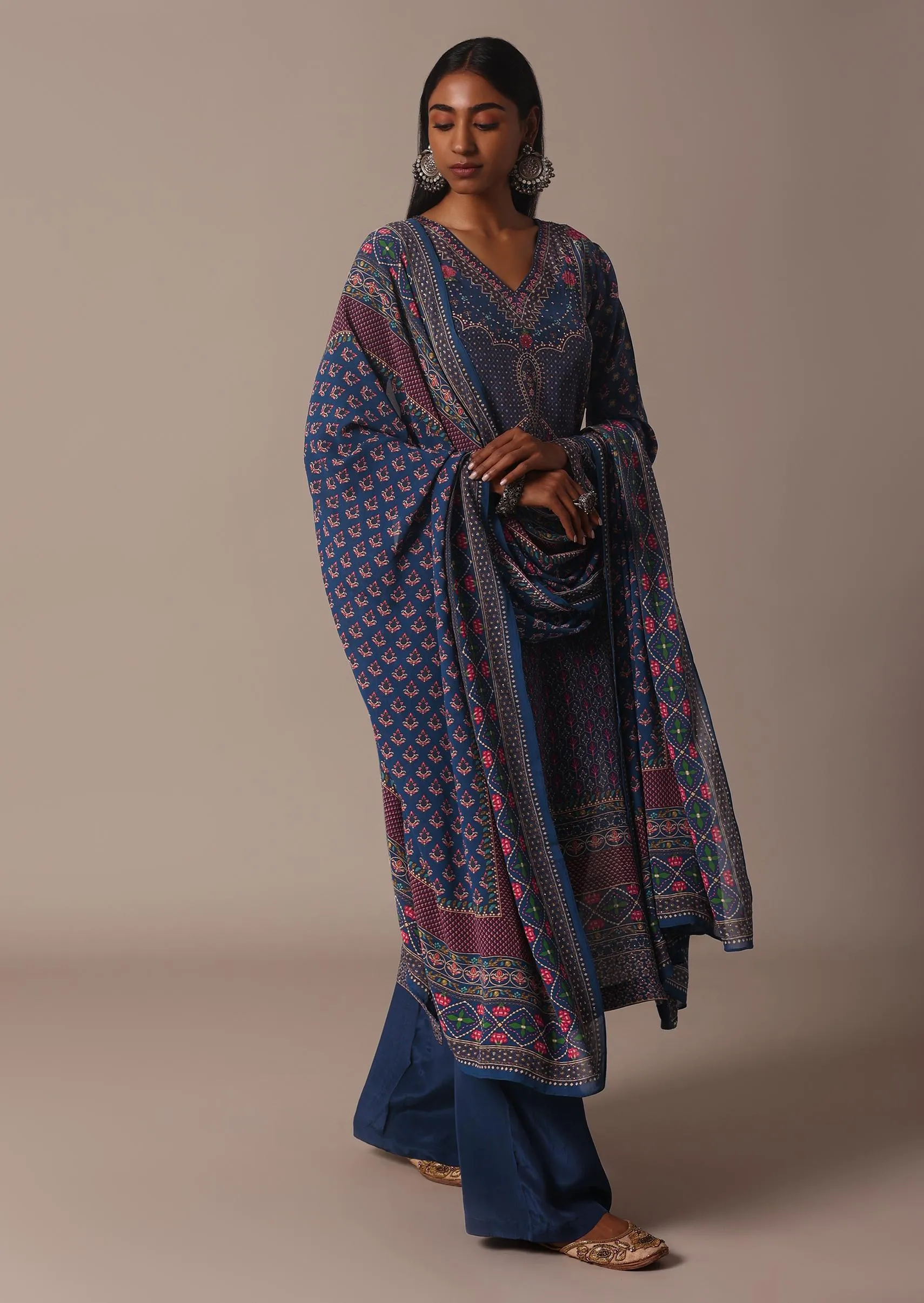 Blue Printed Palazzo Set With Stone Embellished Kurta