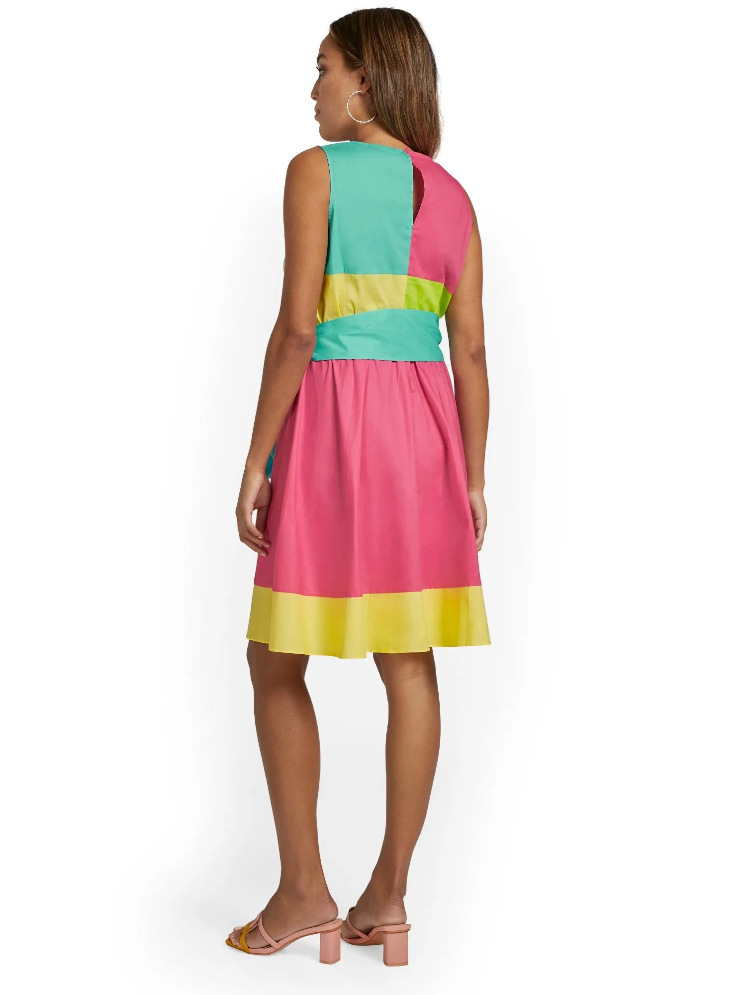 Colorblock Tie-Waist Flare Poplin Dress