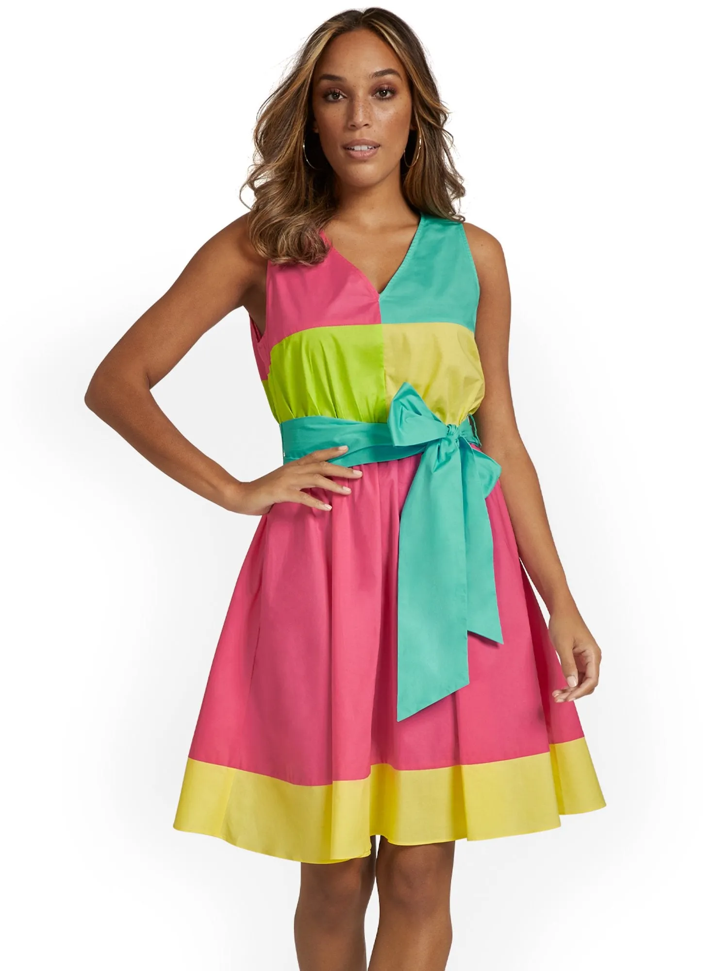 Colorblock Tie-Waist Flare Poplin Dress