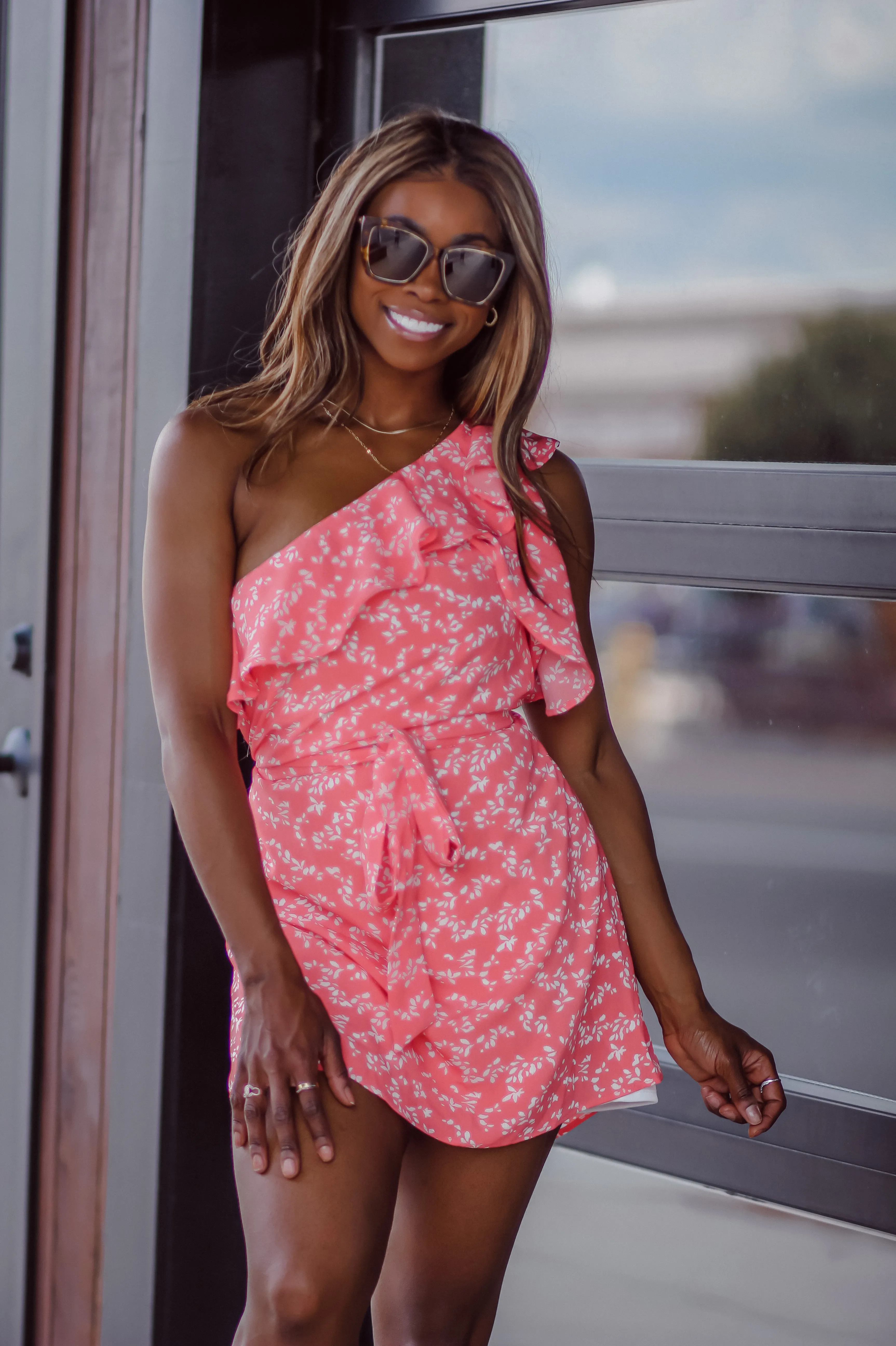 Coral & Ivory One Shoulder Mini Dress