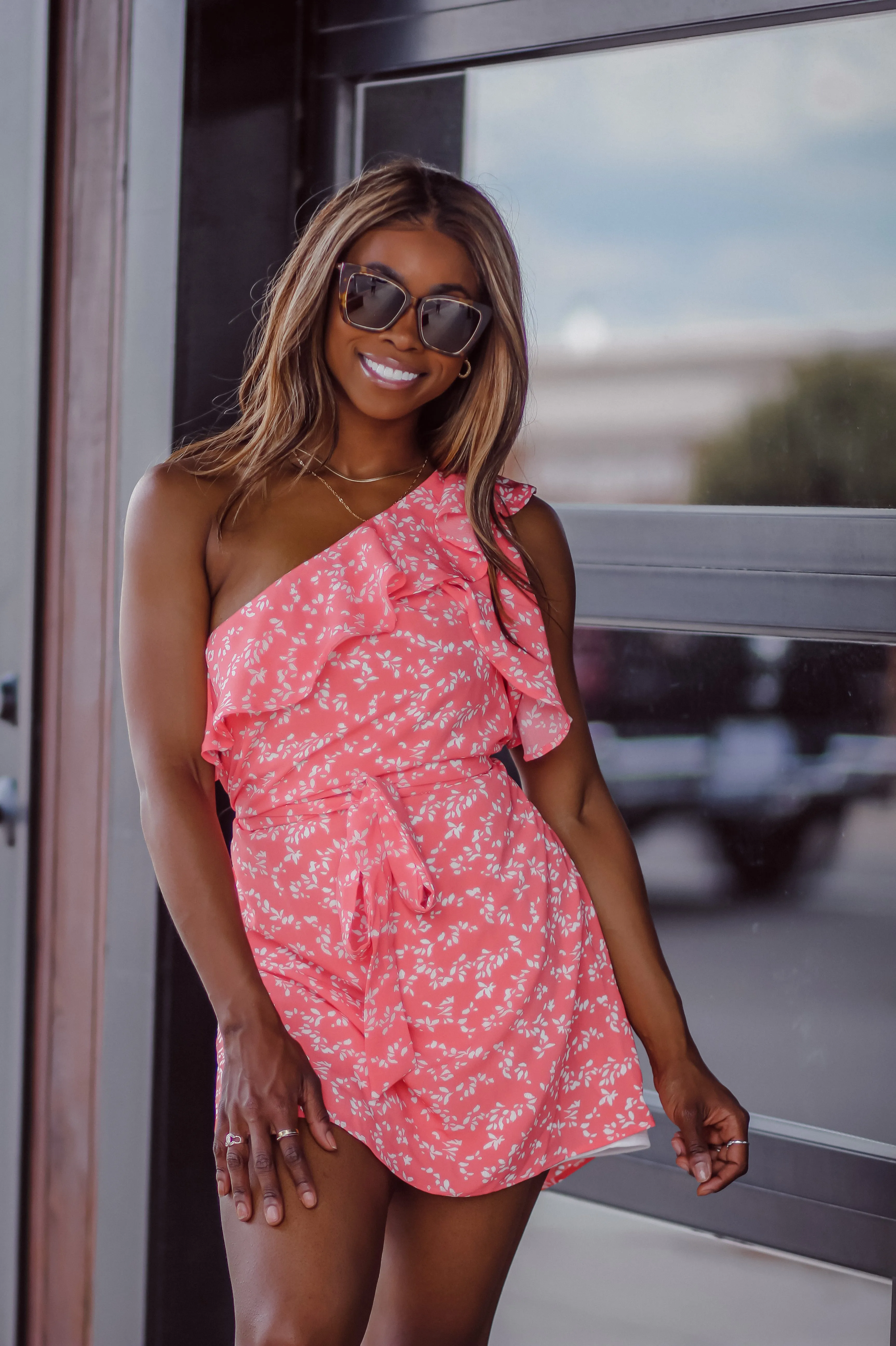 Coral & Ivory One Shoulder Mini Dress