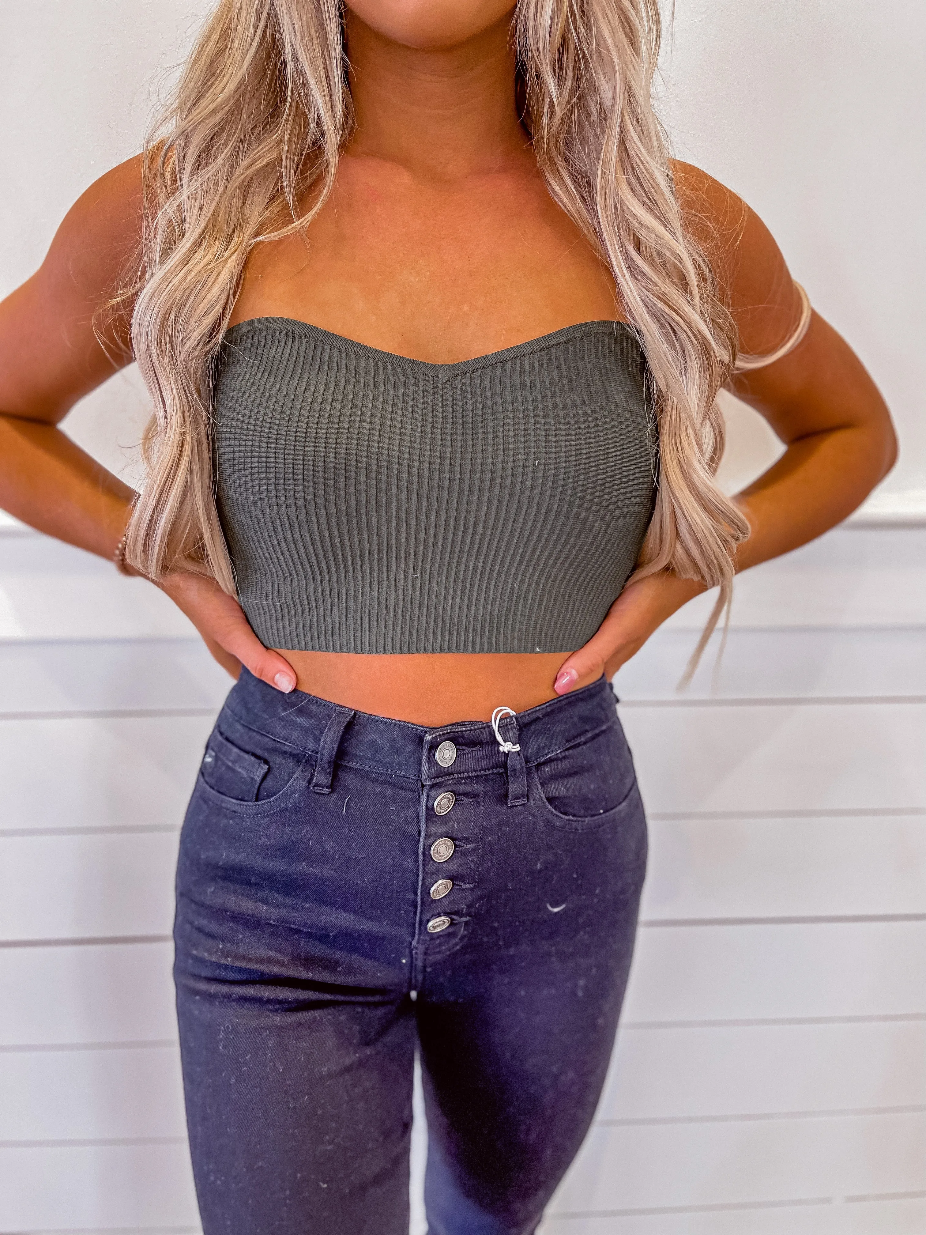 Dark Olive Cropped Bandeau Top