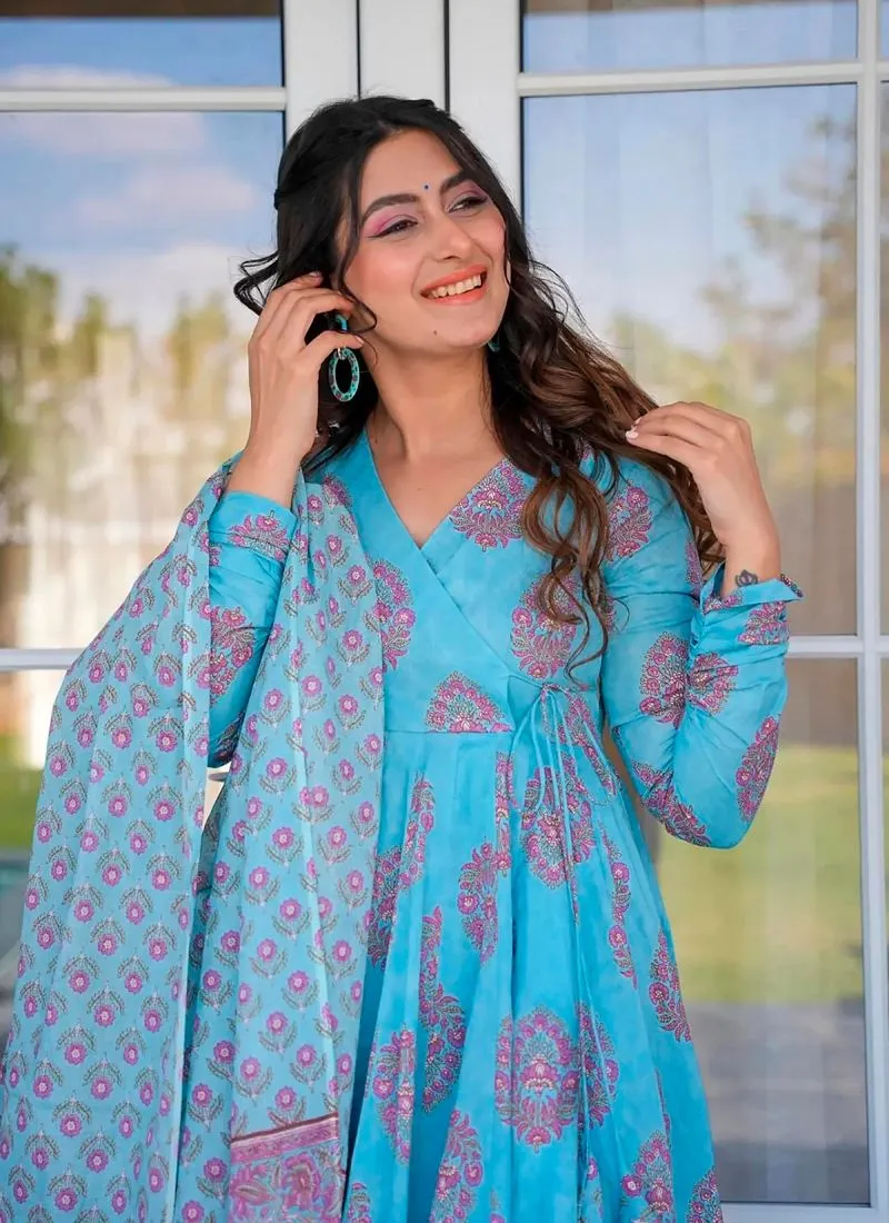 Electric Blue Flared Digital Printed Anarkali Palazzo Suit