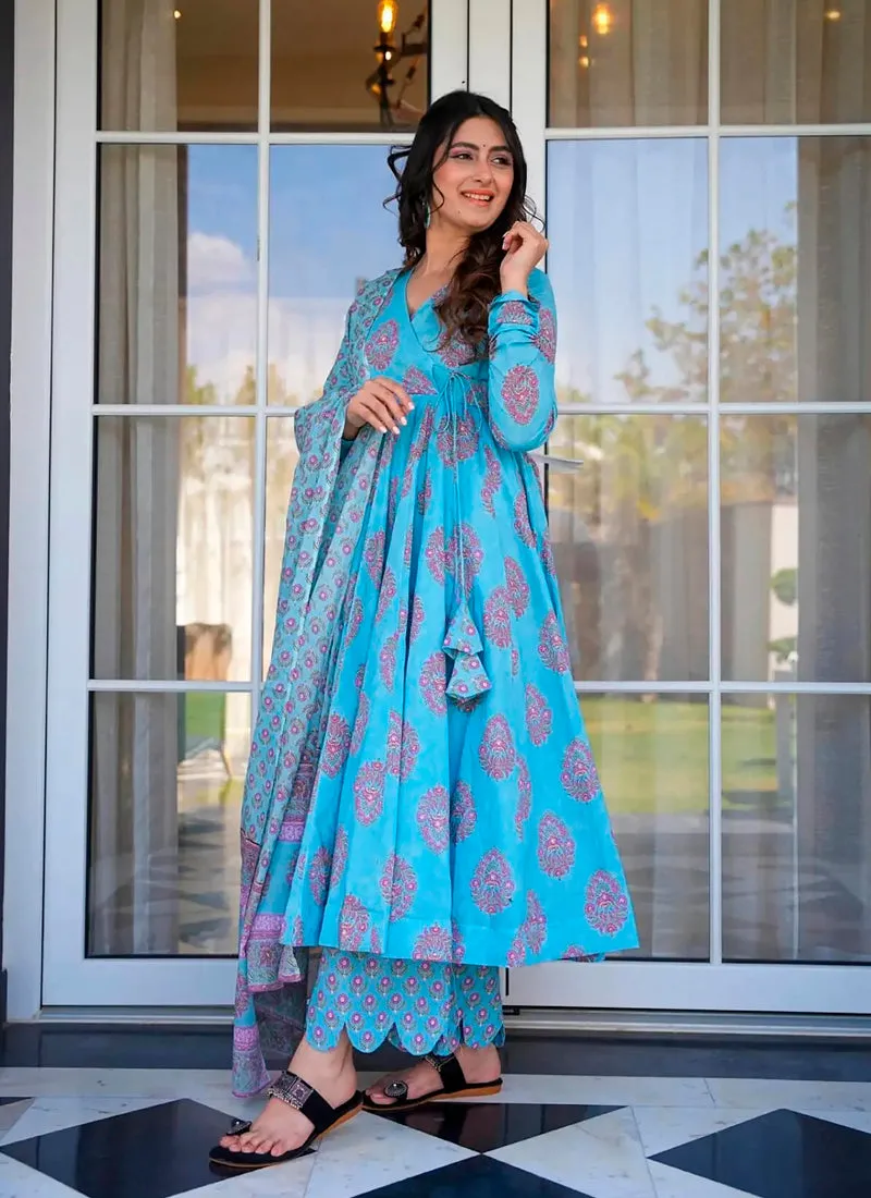 Electric Blue Flared Digital Printed Anarkali Palazzo Suit
