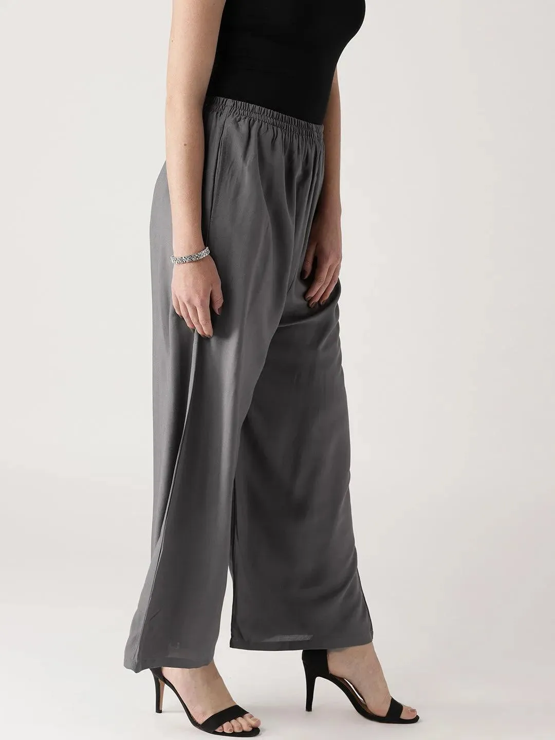 Grey Solid Rayon Palazzos