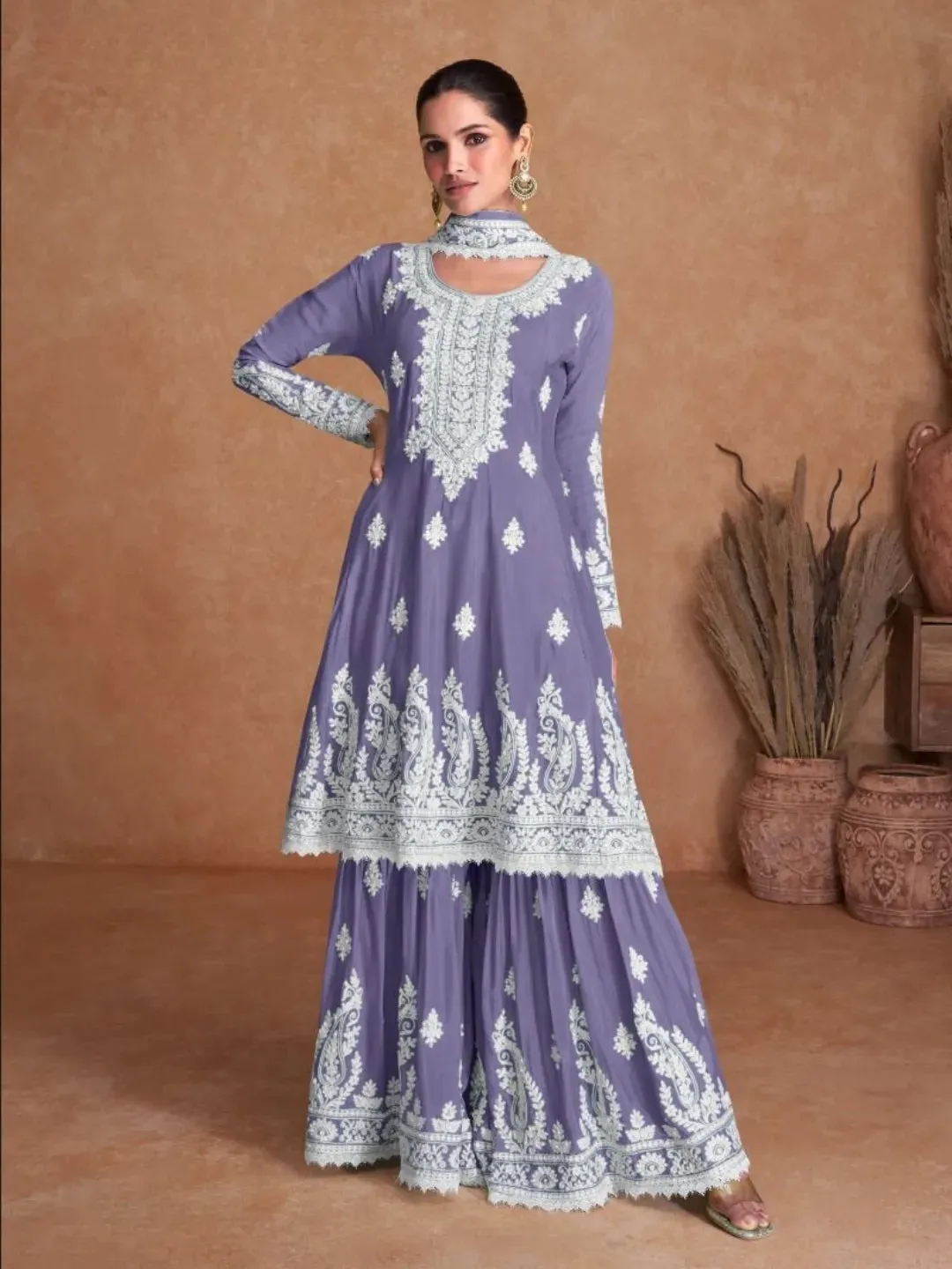 Luxurious Pure Chinon Embroidered Festive Wear Palazzo Suit
