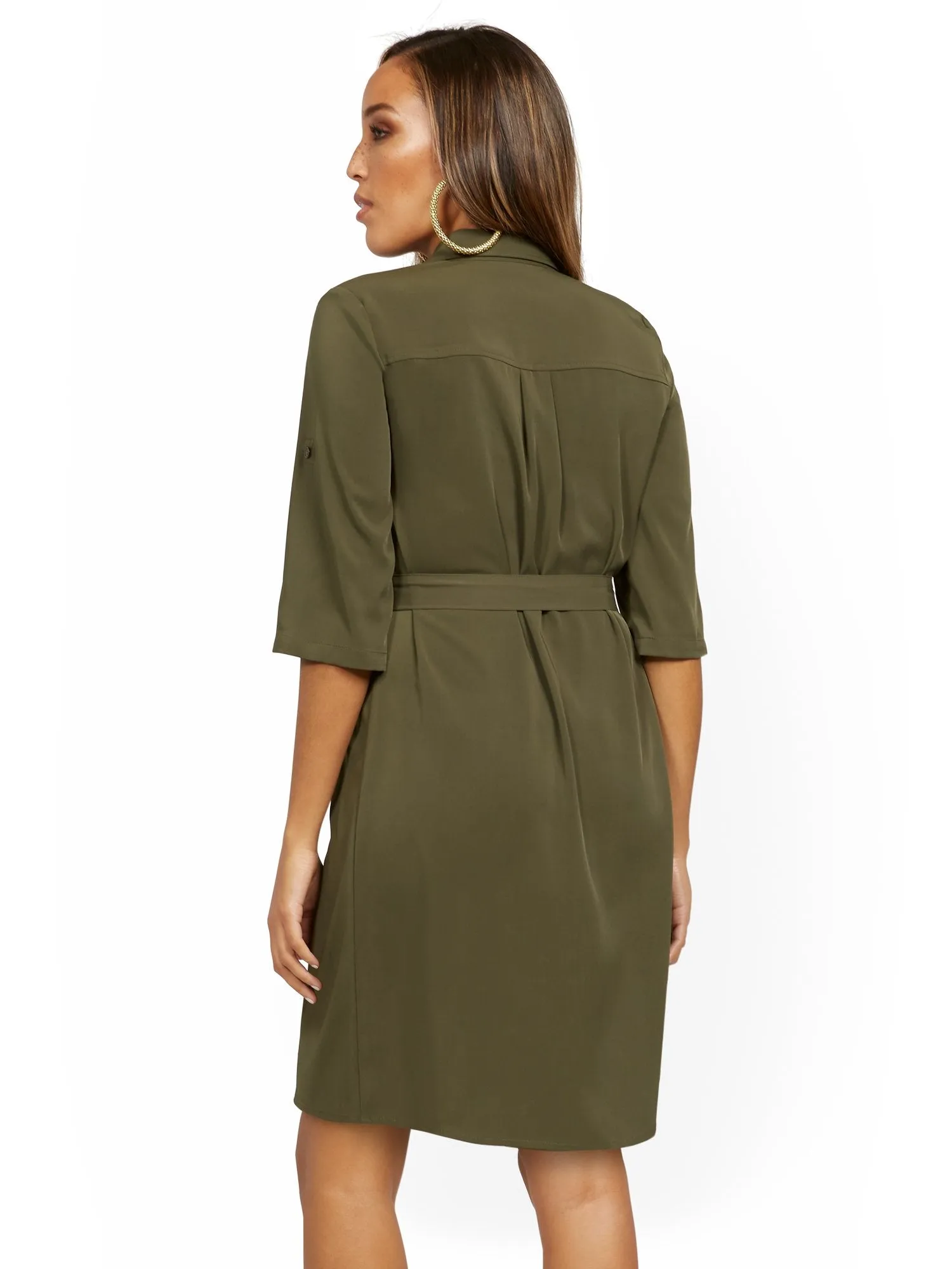 Olive Four-Pocket Shirtdress with Zip