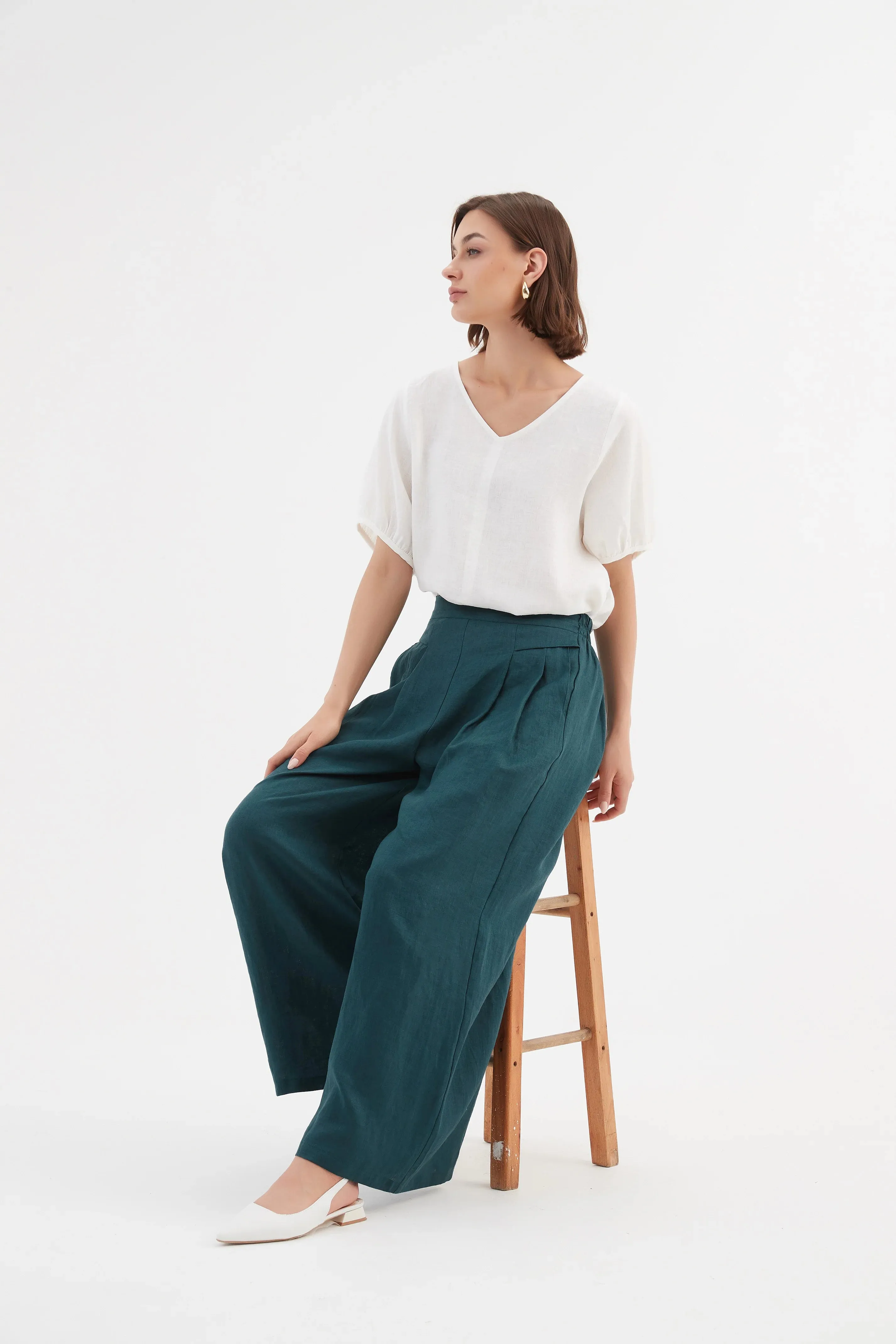 Pleat Front Palazzo Pant - Deep Marine
