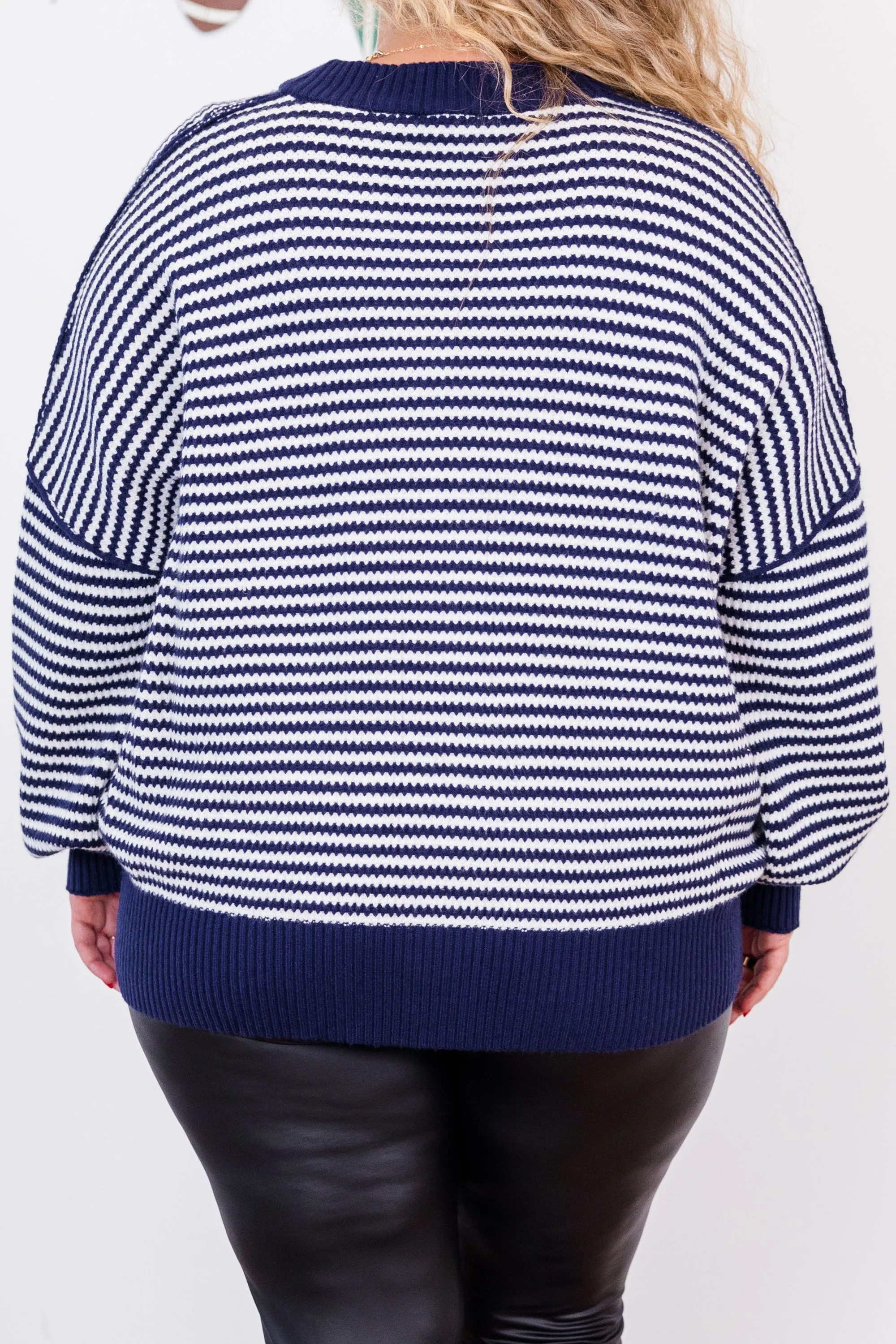 Snuggly Stripe Button-Up Sweater, Navy-Ivory