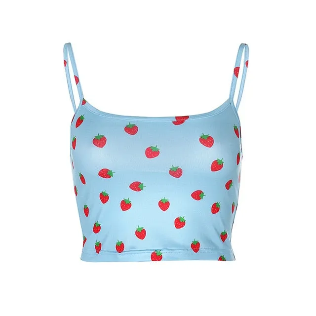 Strawberry Print Sexy Blue Short Casual Sleeveless