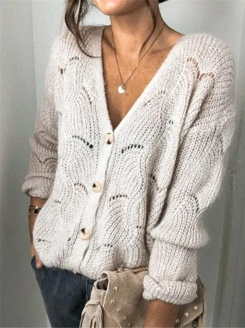TastyHottie - Openwork Button Up Long Sleeve Cardigan