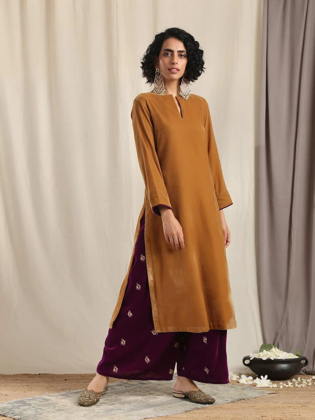 Wine Velvet Embroidered Palazzo